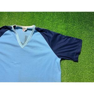 Vintage 80s Broderick Soccer Jersey Men's V-Neck Tee Large Blue USA